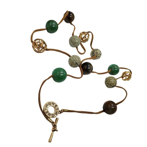 Vintage Signed Monet Set Necklace 38" Earrings 2" Green Bead Gold Tone Suede - Picture 8 of 12
